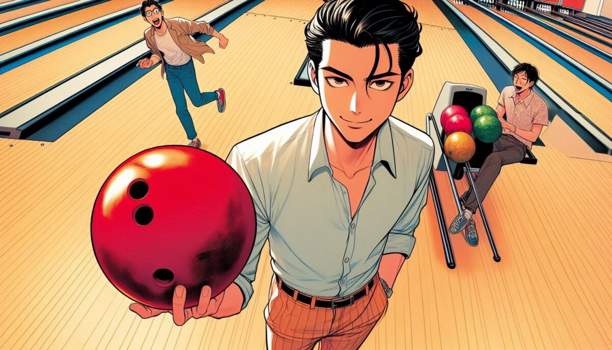 ボウリングのボールを持って得意げな表情を浮かべる男性