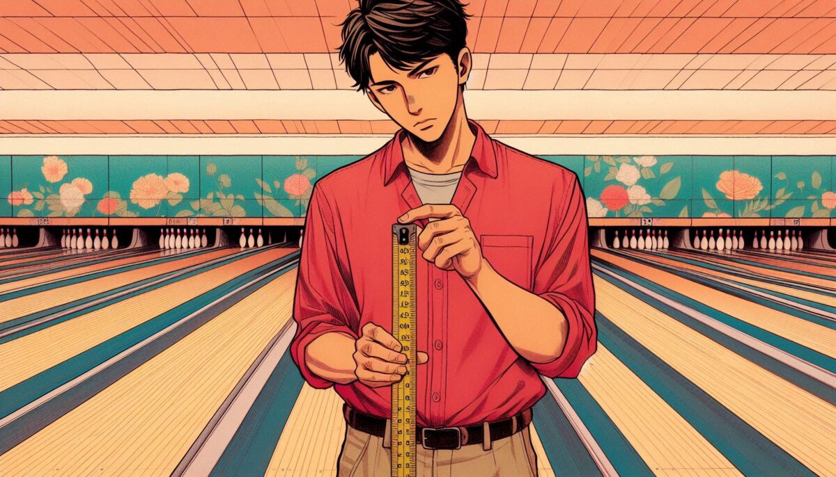 ボウリングのレーンの長さを測ろうとメジャーを持つ男性