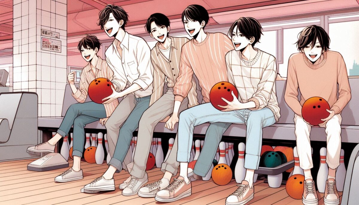 ボウリングをする6人の男性グループ