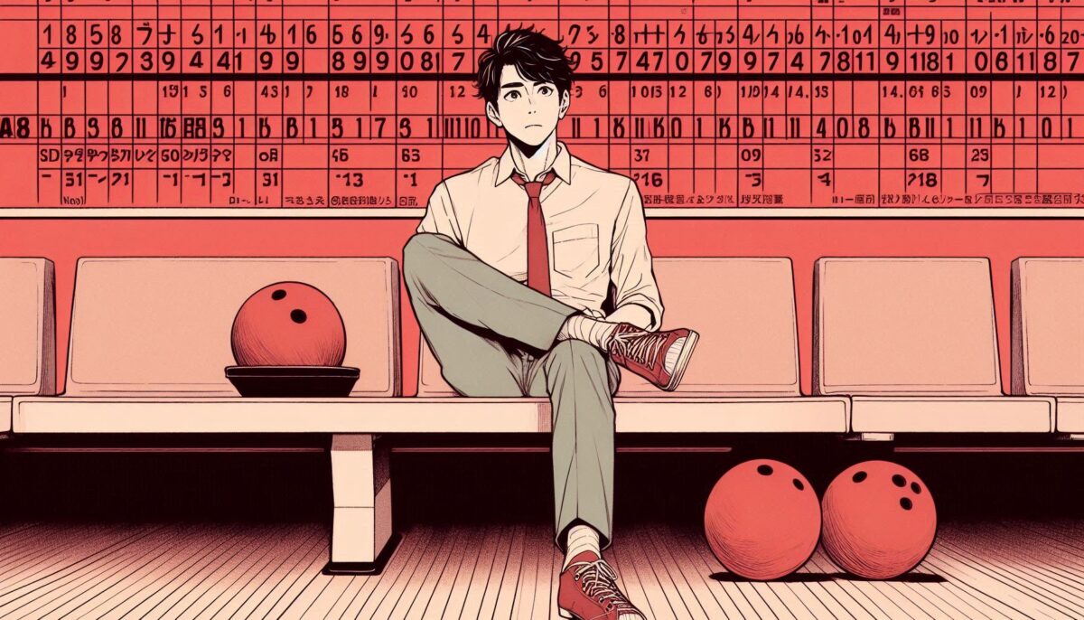 ボウラーズベンチに座って何ゲームするか悩む男性