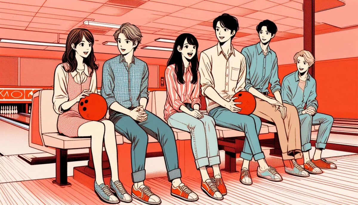 ボウラーズベンチで談笑する男女のグループ