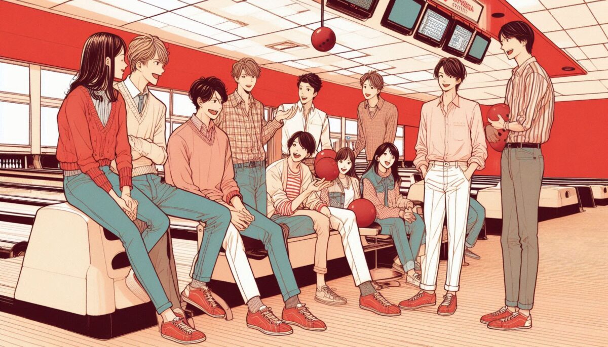 11人のグループでボウリング場にやってきた若者たち