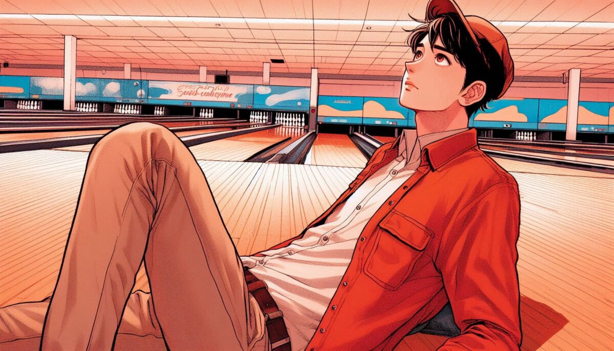 ボウリング場で寝転んで天井を見上げている男性