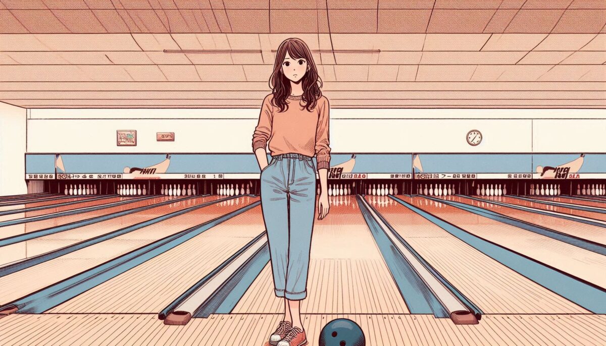 レーンの前で退屈そうな表情を浮かべる女性