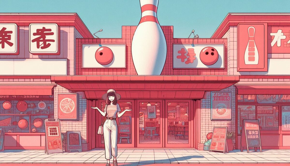 ボウリング場の前で手を広げて「やれやれ」のポーズをする若い女性