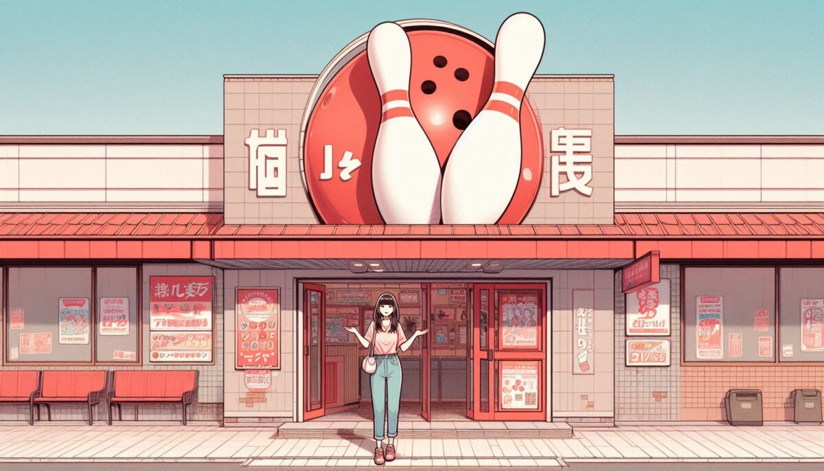 ボウリング場の前で佇む女性