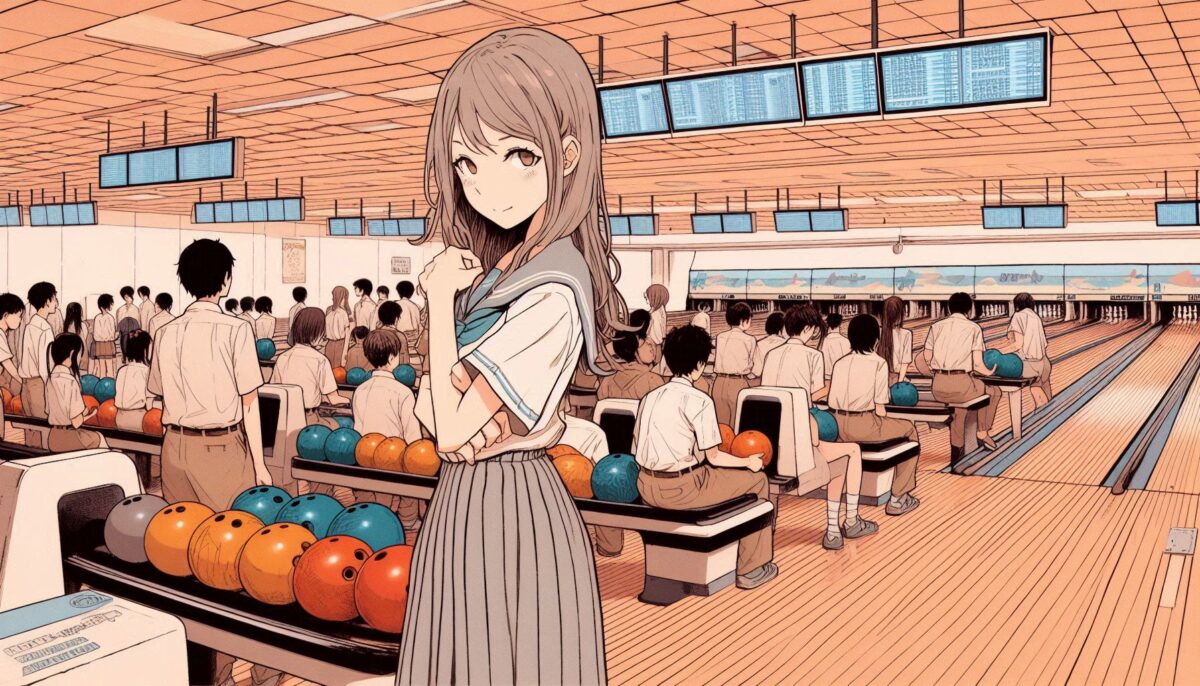 混み合うボウリング場で自分の番を待っている女子高校生