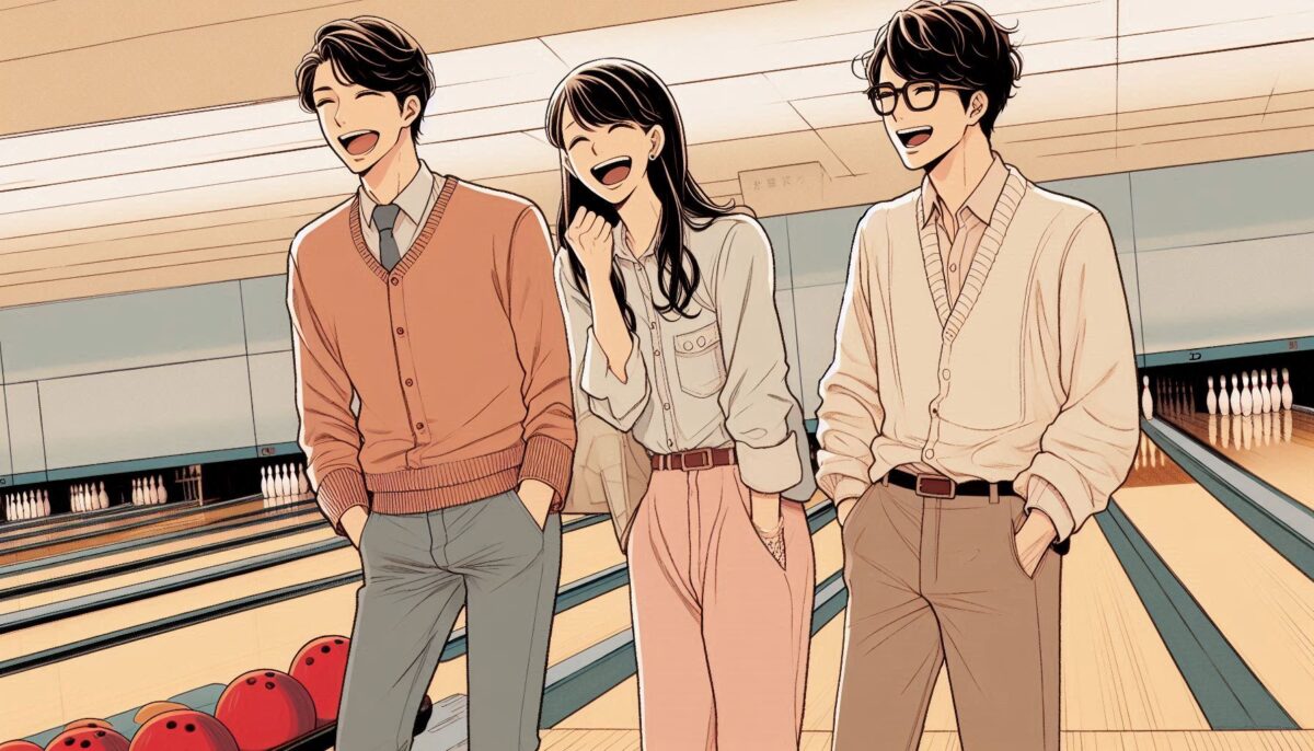 ボウリング場で談笑する20代の男女3人組