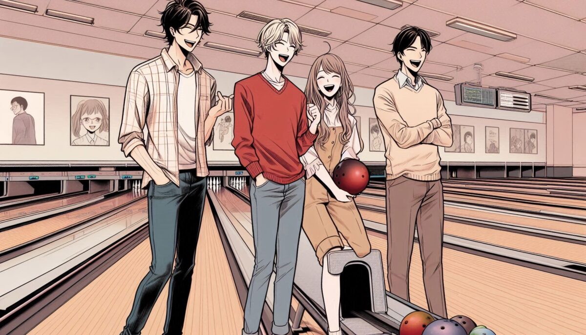 ボウリング場に集まった男性3名と女性1名のグループ