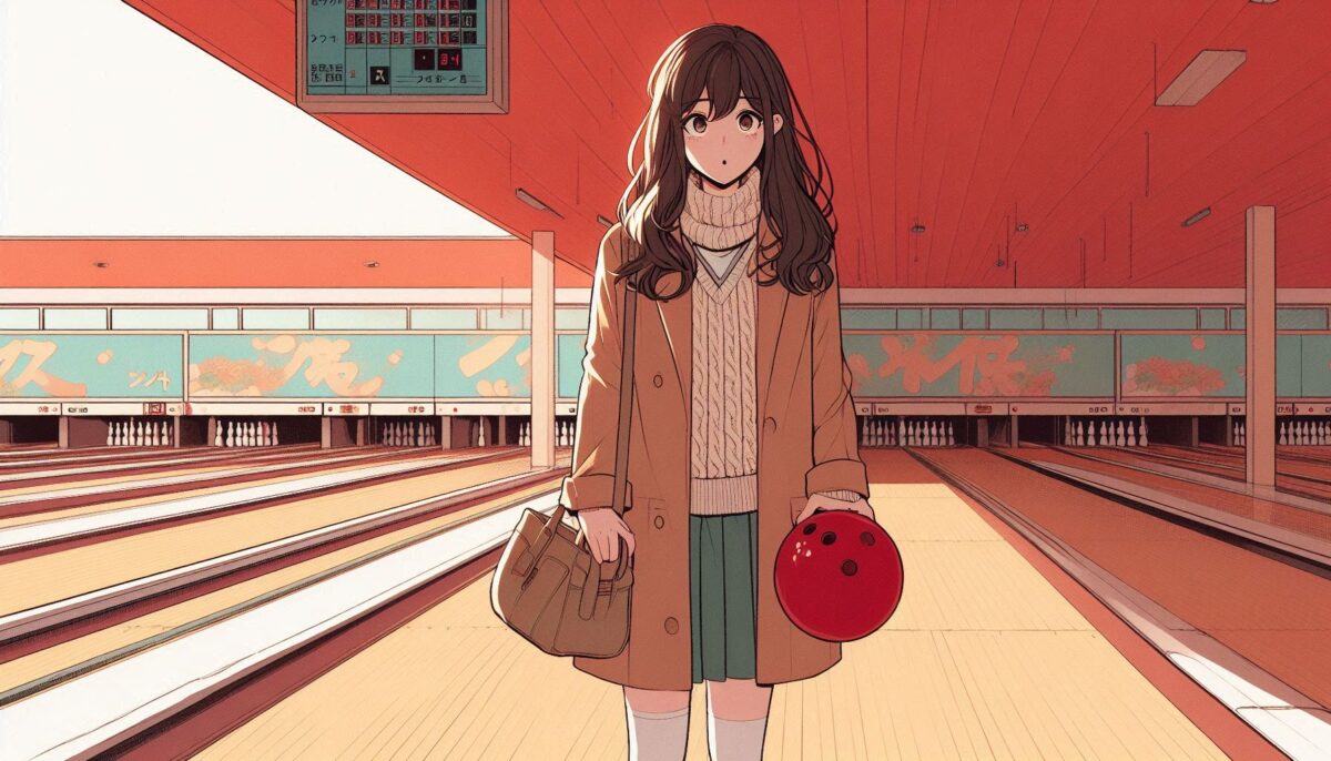 ボウリング場で赤いボールを手にする女性の一人客