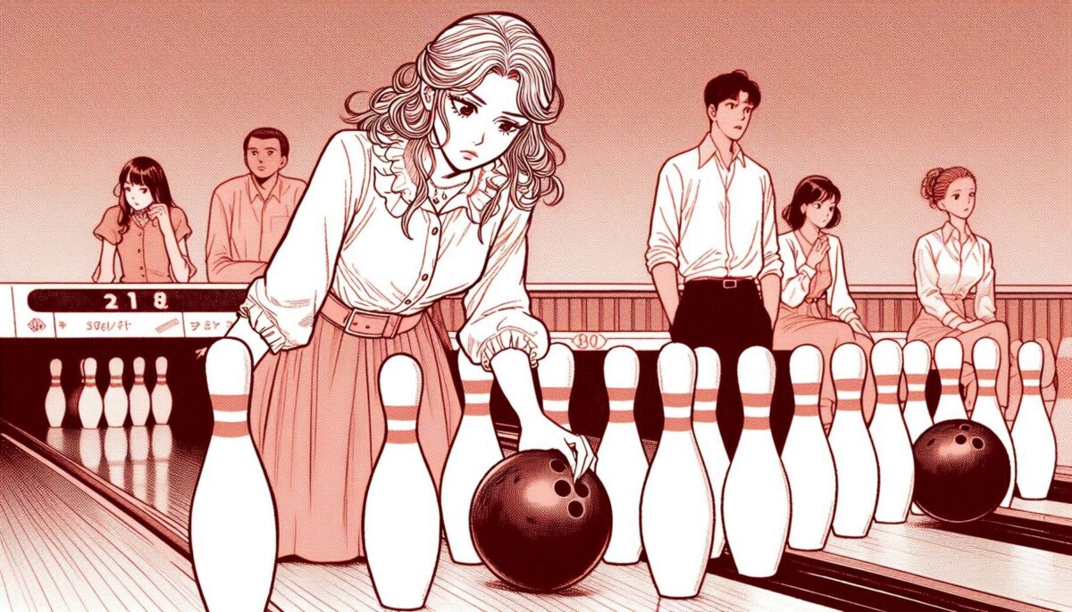 ボウリングのピンとボールを確かめる女性