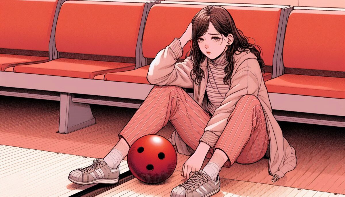 ボウリングで失敗して泣きべそを浮かべる女性