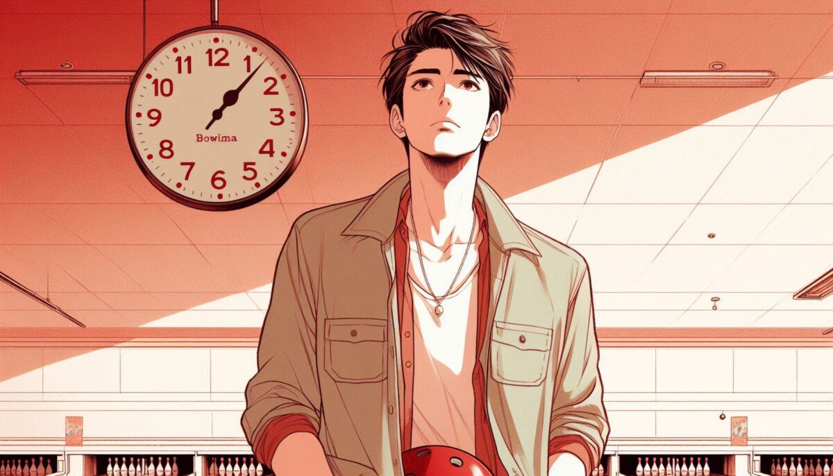 ボウリング場のアナログ時計と男性