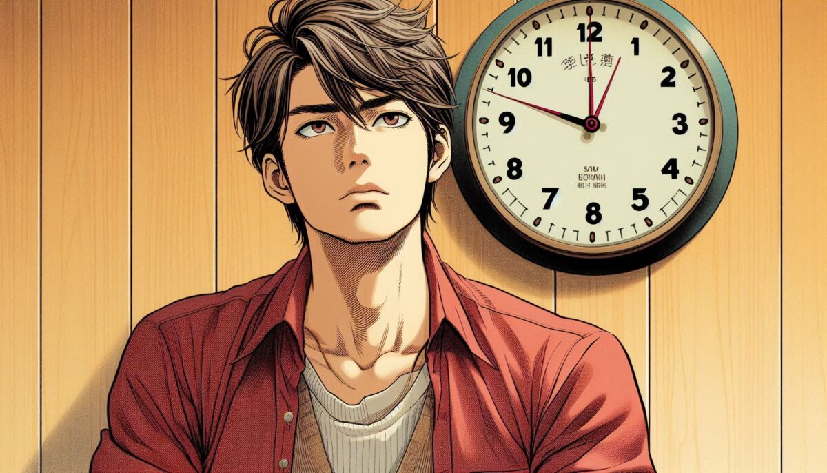 20代の男性と壁掛け時計