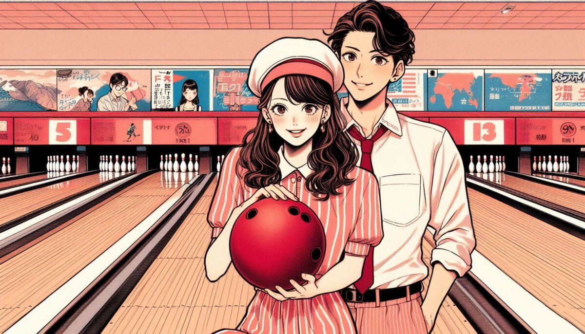 ボウリングのコツを教える男性とボールを持ってアドバイスを聞く女性